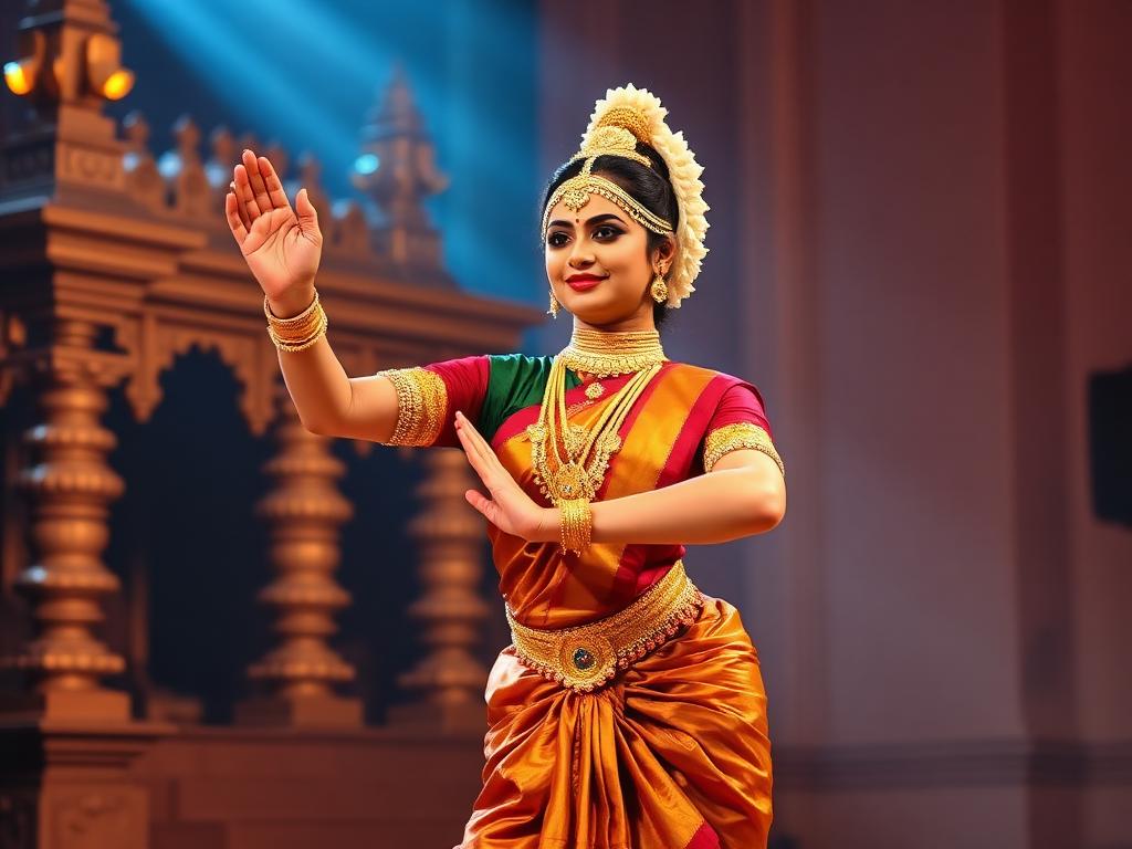 Bharatanatyam dancer performing on a temple stage
