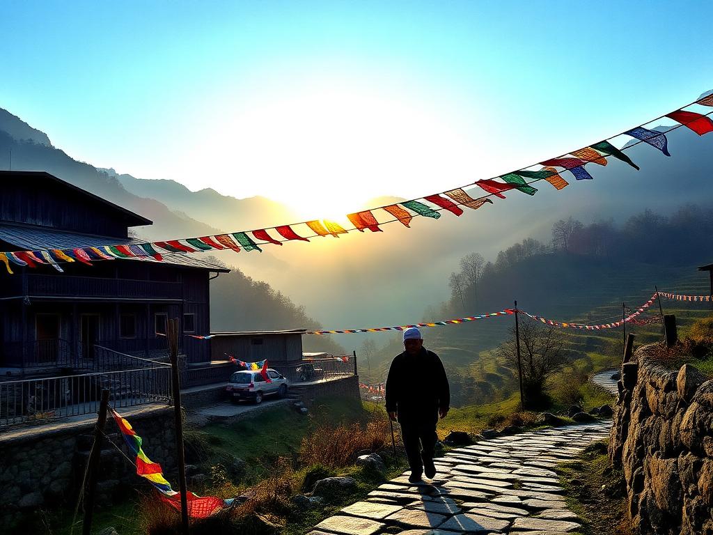 Himalayan village at sunrise with prayer flags and terraced fields