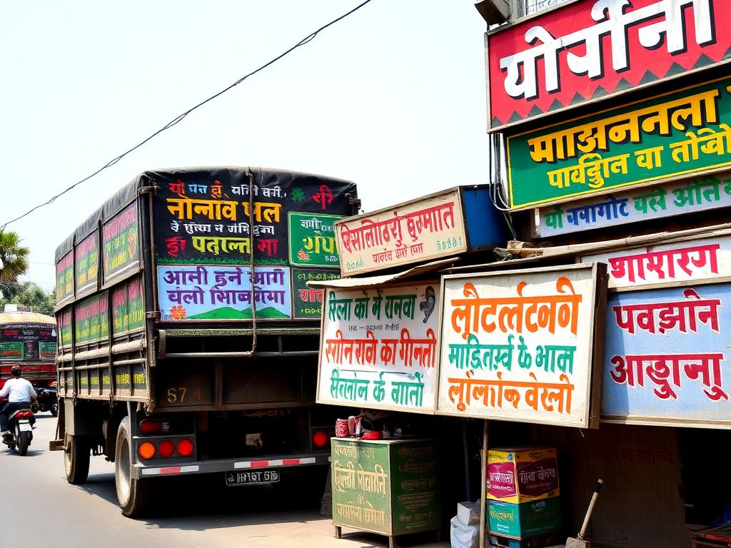 Hand-painted Indian shop signboards and truck art in several scripts